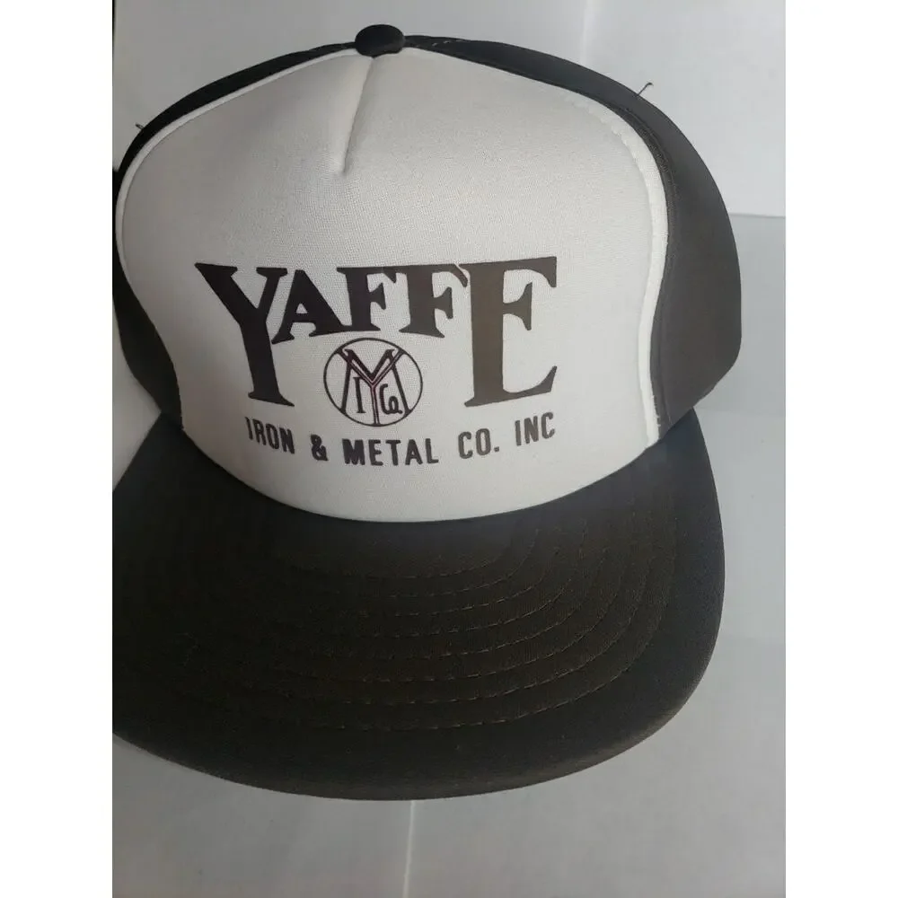 Vintage 80s Yaffe Iron & Metal Hat Cap Snapback White Brown Foam Trucker Hat